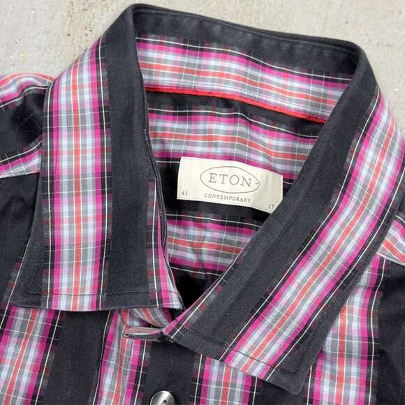 Eton Contemporary Dress Shirt Black & Pink Plaid Pattern 43 17 XL - Picture 3 of 8